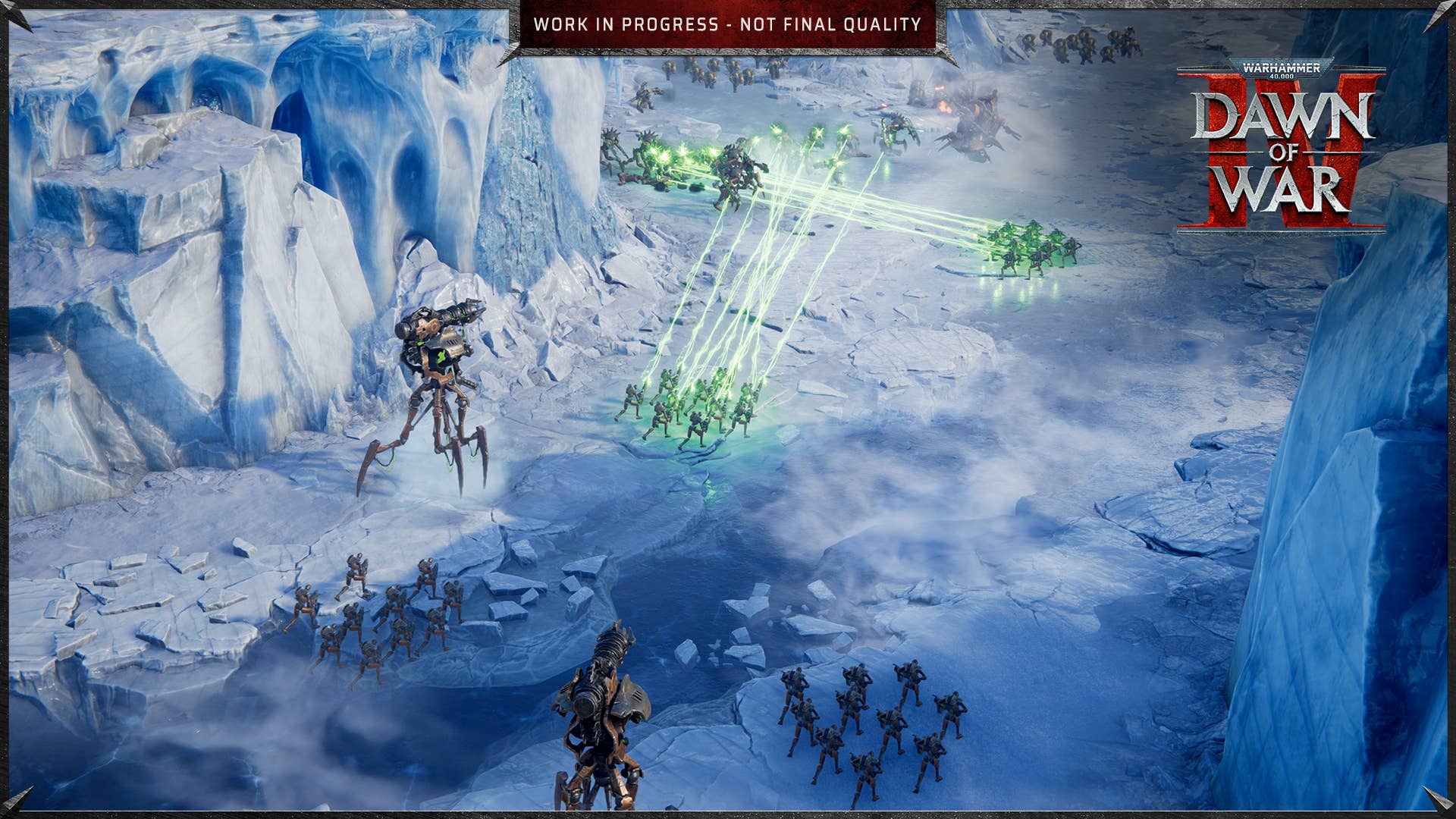 Dawn of War 4 official screenshot showing Necrons in combat in a snowy environment