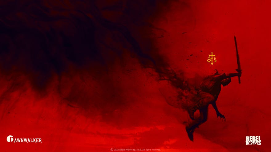 An artwork of a man flying through the air on a trail of smoke with sword raised against a blood red backdrop, created for RPG Dawnwalker