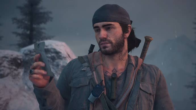 Days Gone Remastered screenshot showing Deacon looking longingly at a photo.