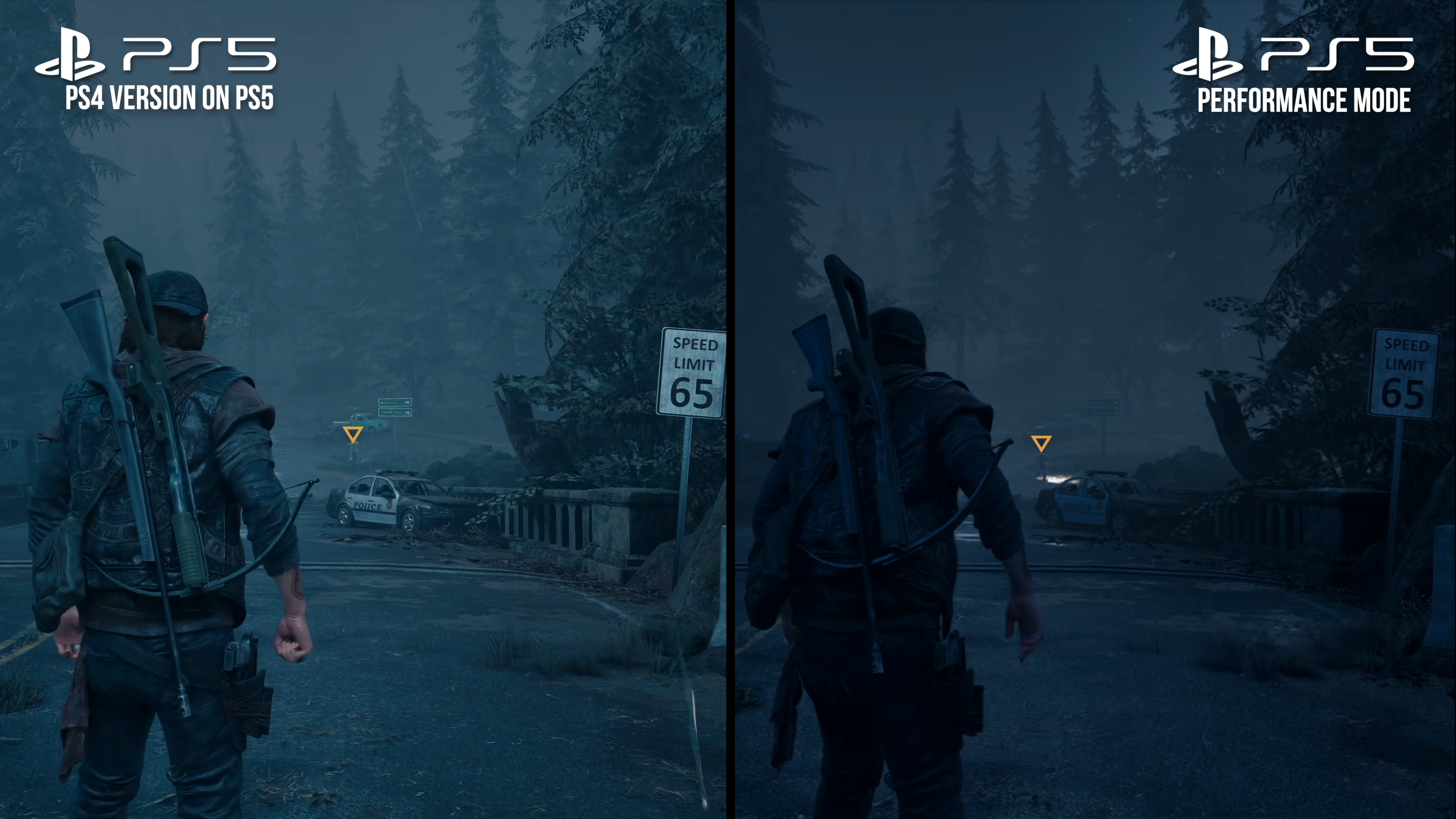 Days Gone Remastered vs original screenshot, showing darker conditions with less ambient light