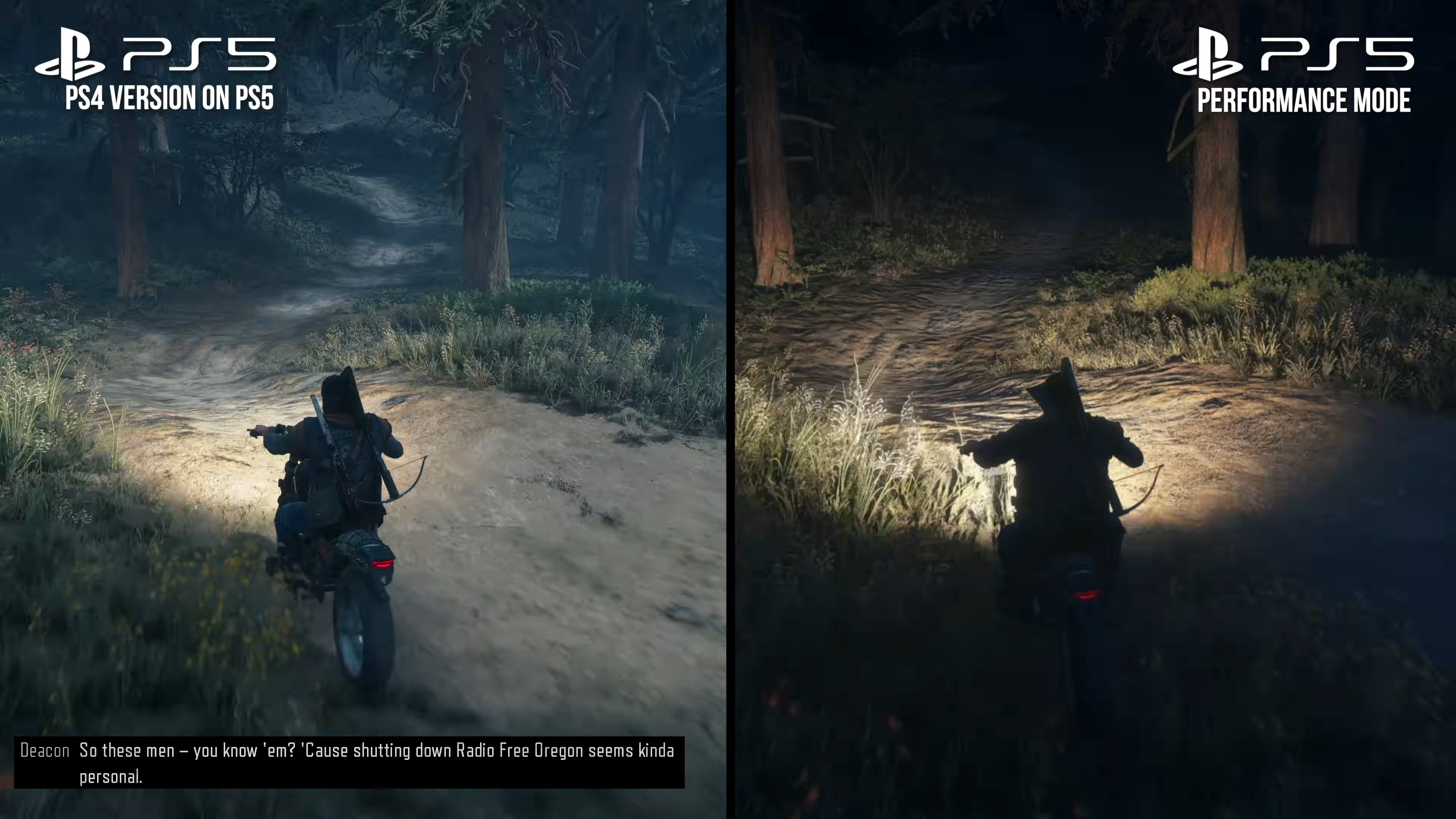 Days Gone Remastered vs original screenshot, showing darker night scenes with more impactful light