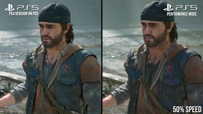 Deacon from Days Gone showing a flashlight on his chest in the remaster vs the original