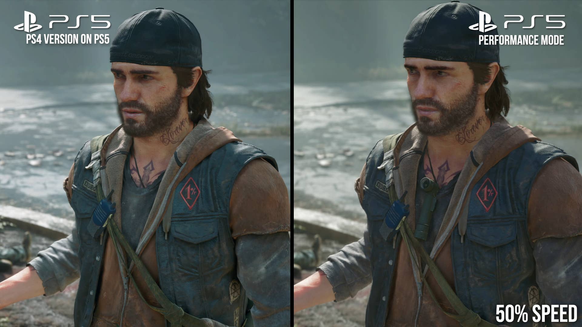 Deacon from Days Gone showing a flashlight on his chest in the remaster vs the original