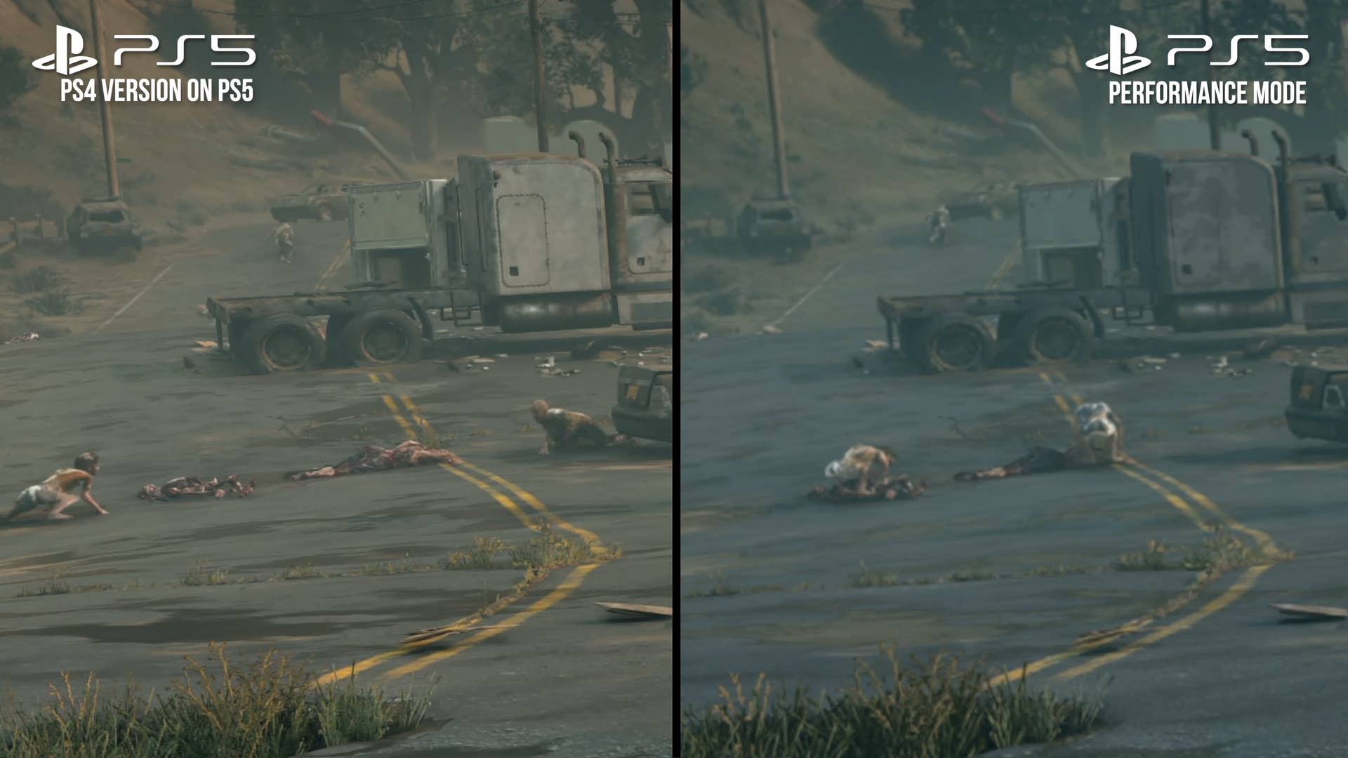 Days Gone PS4 vs PS5 Remastered screenshot comparison: image quality on a road