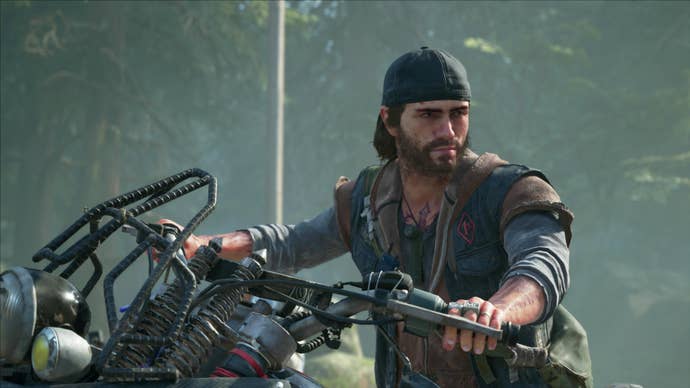 Days Gone main character Deacon St. John sat on his bike.