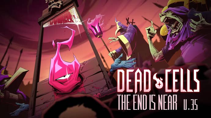 Artwork for Dead Cells update The End is Near, featuring pink ghostly character in a guillotine