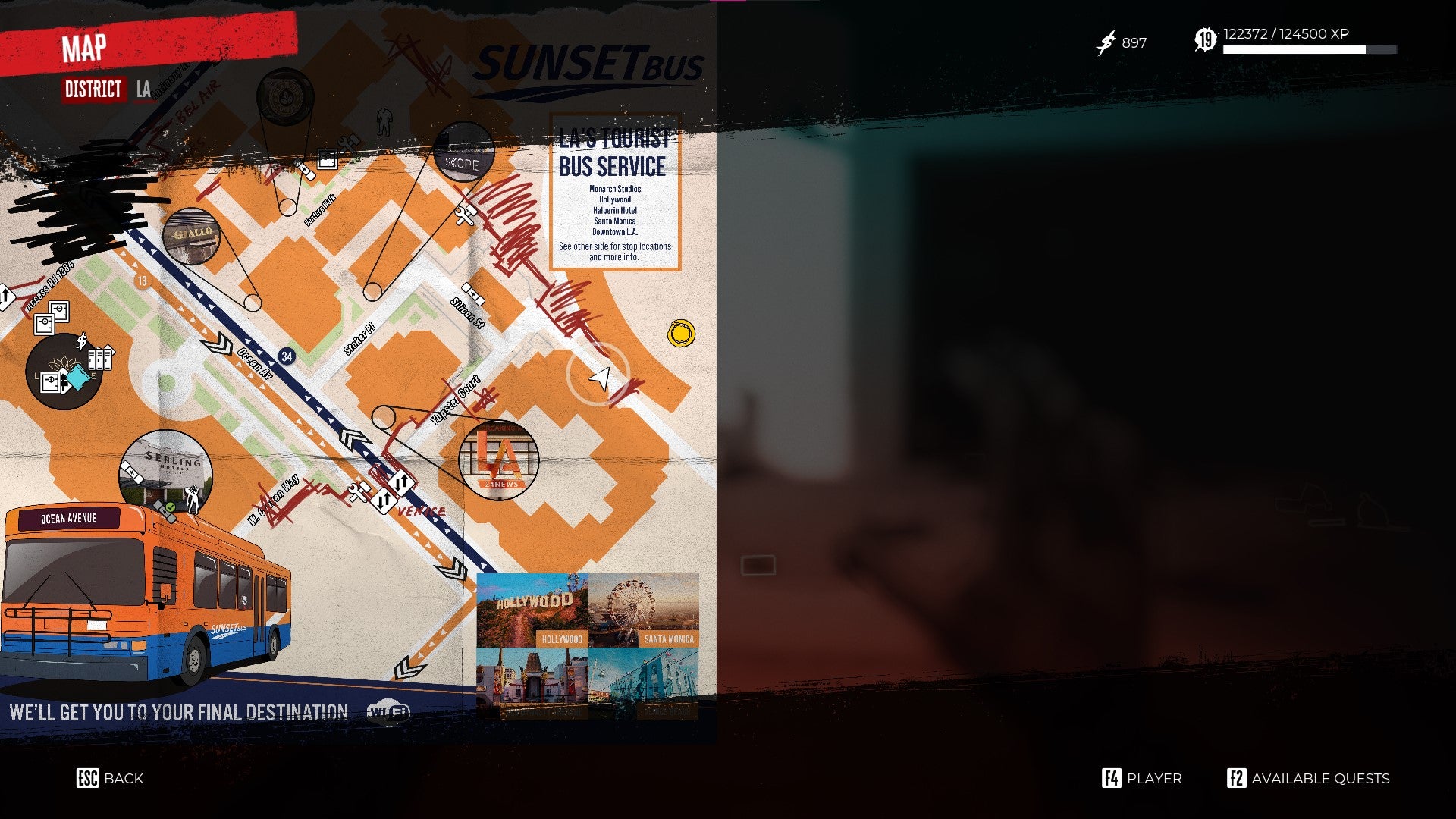 The player looks at the location of Dr Reed&rsquo;s Lab on the map in Dead Island 2