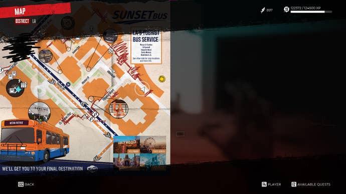 The player looks at the location of Dr Reed's Lab on the map in Dead Island 2