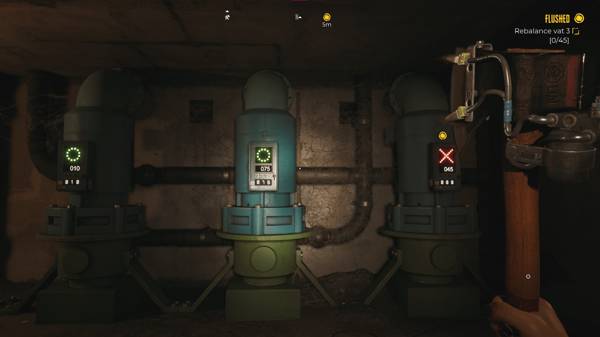 The player looks at some vats that need rebalancing in Dead Island 2's sewers - 6