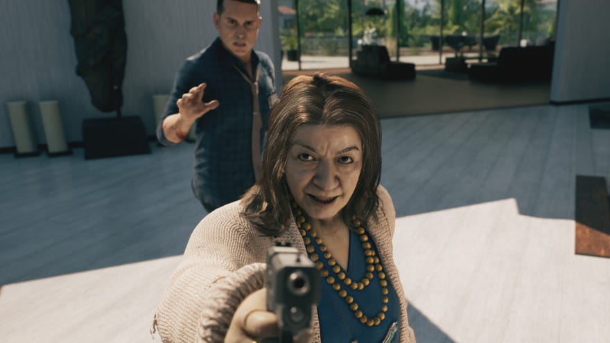 Andrea aims a pistol at the player during a Dead Island 2 cutscene.