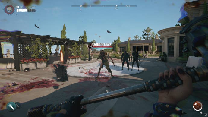 The player looks at a Screamer, Crystal the Lawyer, outside of Curtis Sinclair's mansion in Dead Island 2