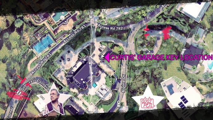 Dead Island 2 screenshot showing the location of Curtis' Garage Key on the map.