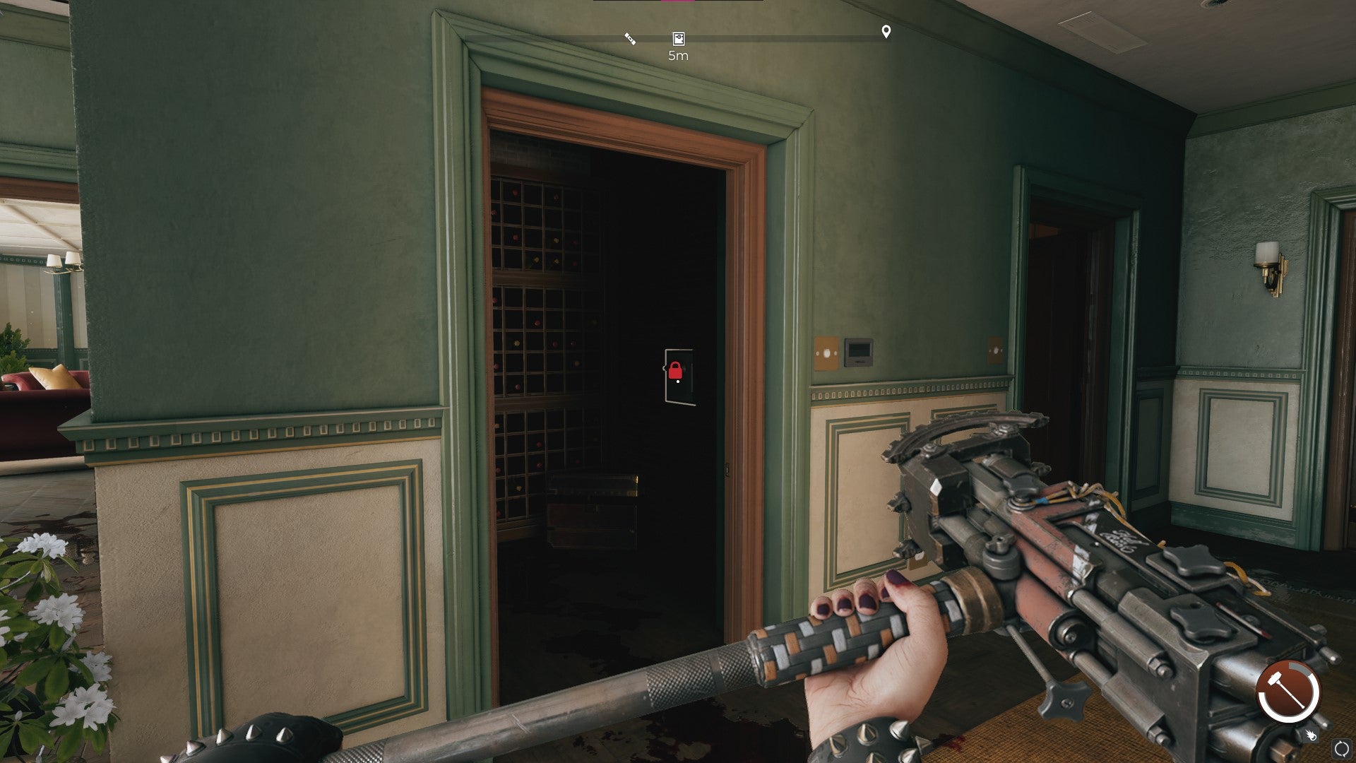 The player looks at the entrance to Curtis Sinclair's wine room in Dead Island 2 - 6