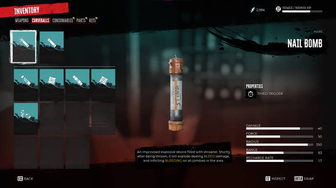 The Curveballs inventory in Dead Island 2 is shown