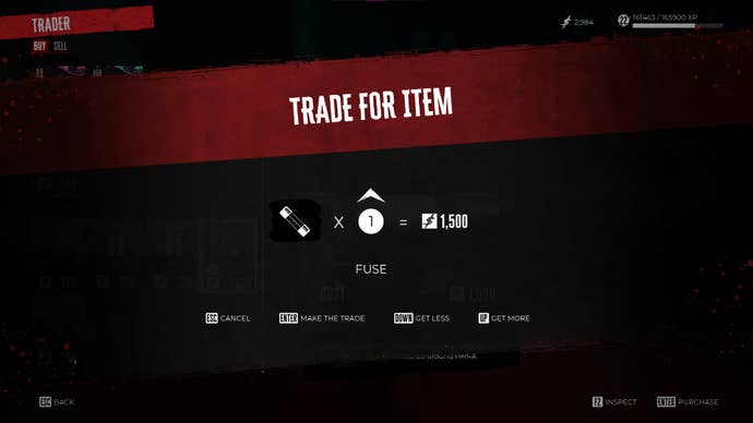 The player trades cash for Fuses at a vendor in Dead Island 2