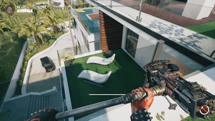 The player looks down at a patio with two sun loungers in the Goat Pen in Dead Island 2