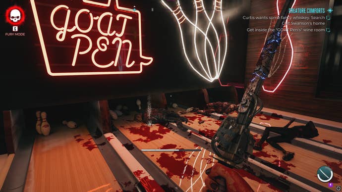 The player looks at some zombie corpses in the bowling alley of the Goat Pen in Dead Island 2