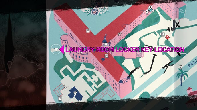 Dead Island 2 screenshot showing the Laundry Room Locker Key location on the map.