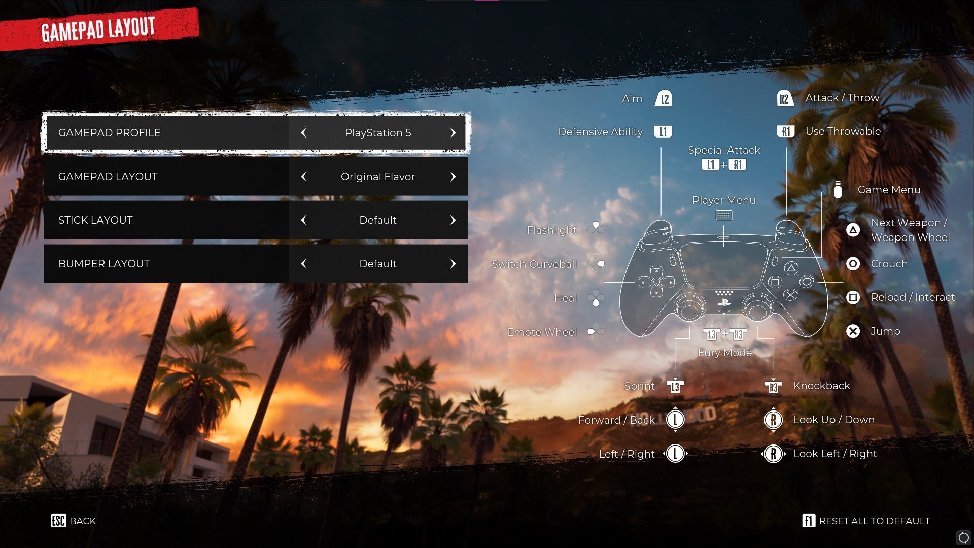 A screenshot of the Dead Island 2 gamepad layout menu, showing PS5 gamepad layout, and rebindable buttons