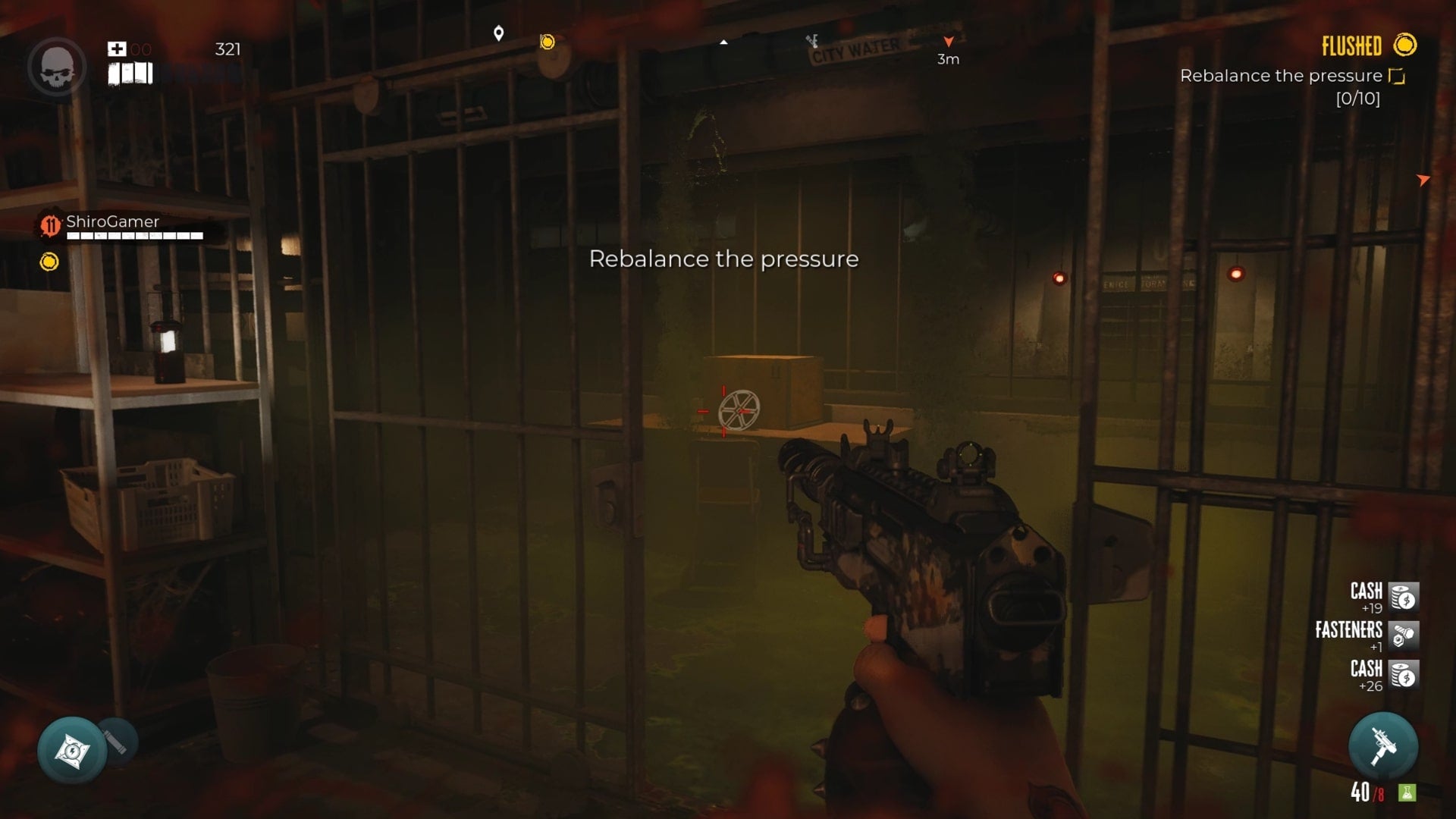 The player faces a wheel in a room full of caustic in the sewers of Dead Island 2