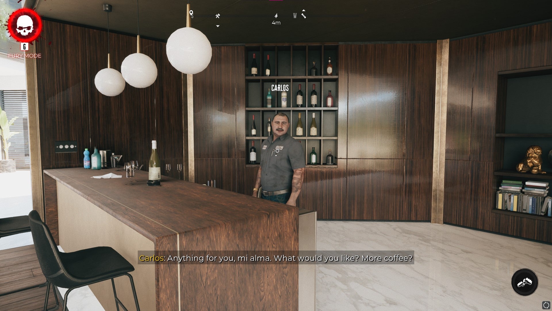 The player speaks with Carlos in Emma Jaunt&rsquo;s Bel-Air mansion in Dead Island 2