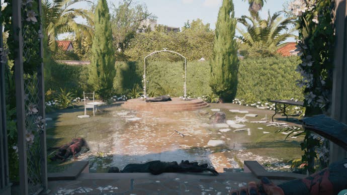 Dead Island 2 screenshot showing an outdoor wedding arch.