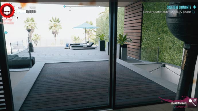 Dead Island 2 image showing the player staring at a window and wielding a mace.