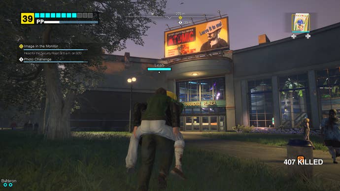 Frank carries a survivor called Leah on his back while running toward the shopping mall’s Paradise Plaza entrance in Dead Rising Deluxe Remaster.