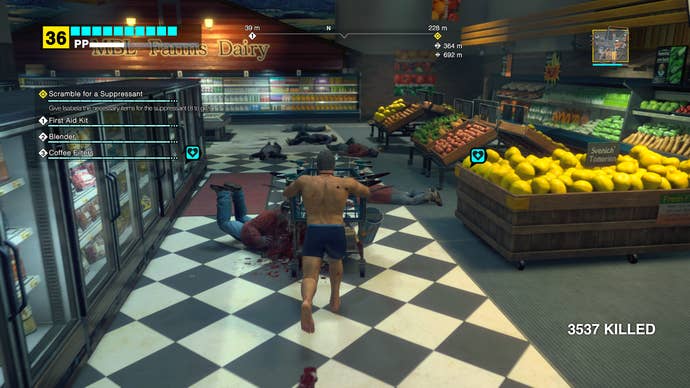 Frank pushes a deadly, spiky shopping cart through food aisles in Dead Rising Deluxe Remaster screenshot.