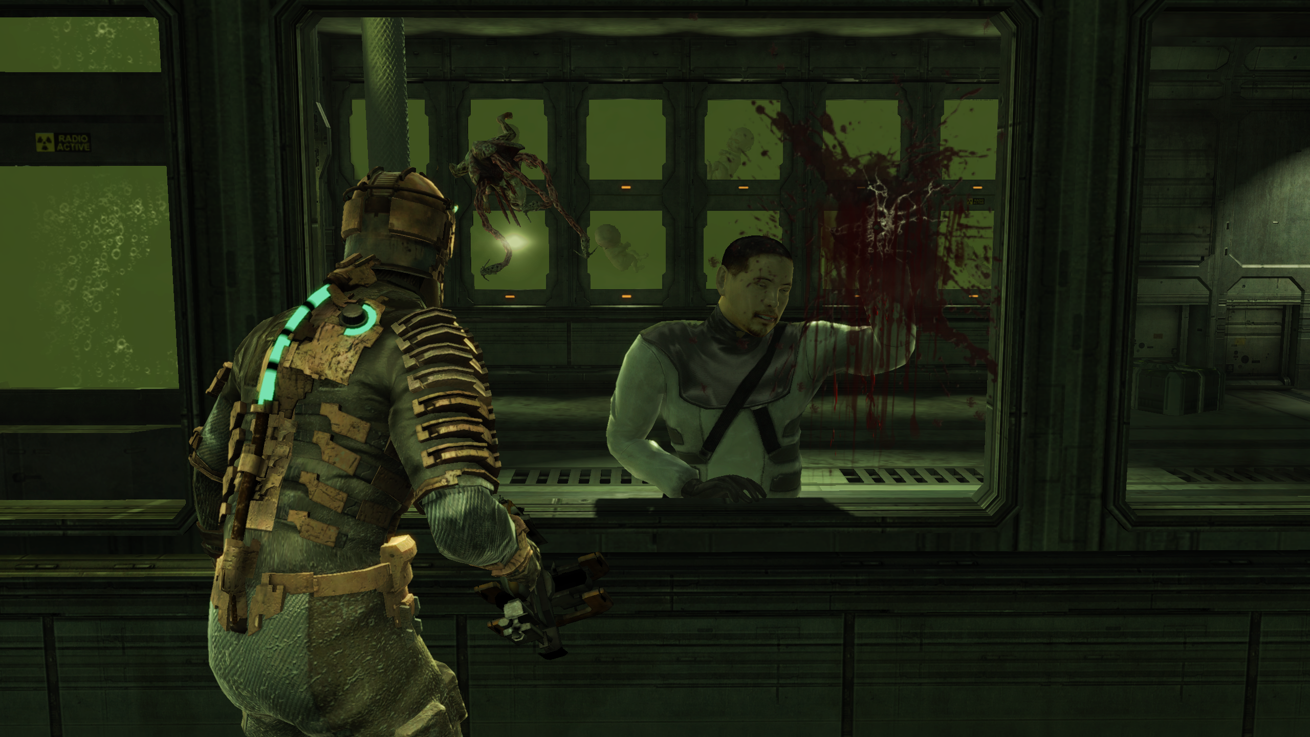 A Lurker necromorph kills an unfortunate scientist in Dead Space.