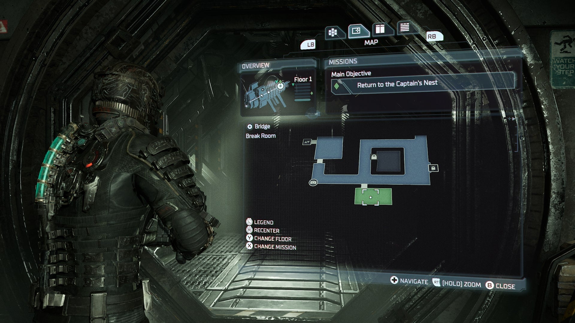 Isaac looks at a map of the Bridge showing the Break Room in Dead Space - 3