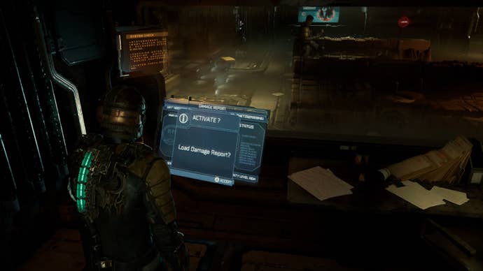 Isaac loads the damage report for the USG Ishimura in Dead Space