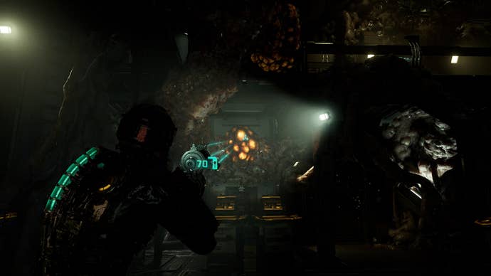 Isaac aims at a bulb/tendril in Dead Space