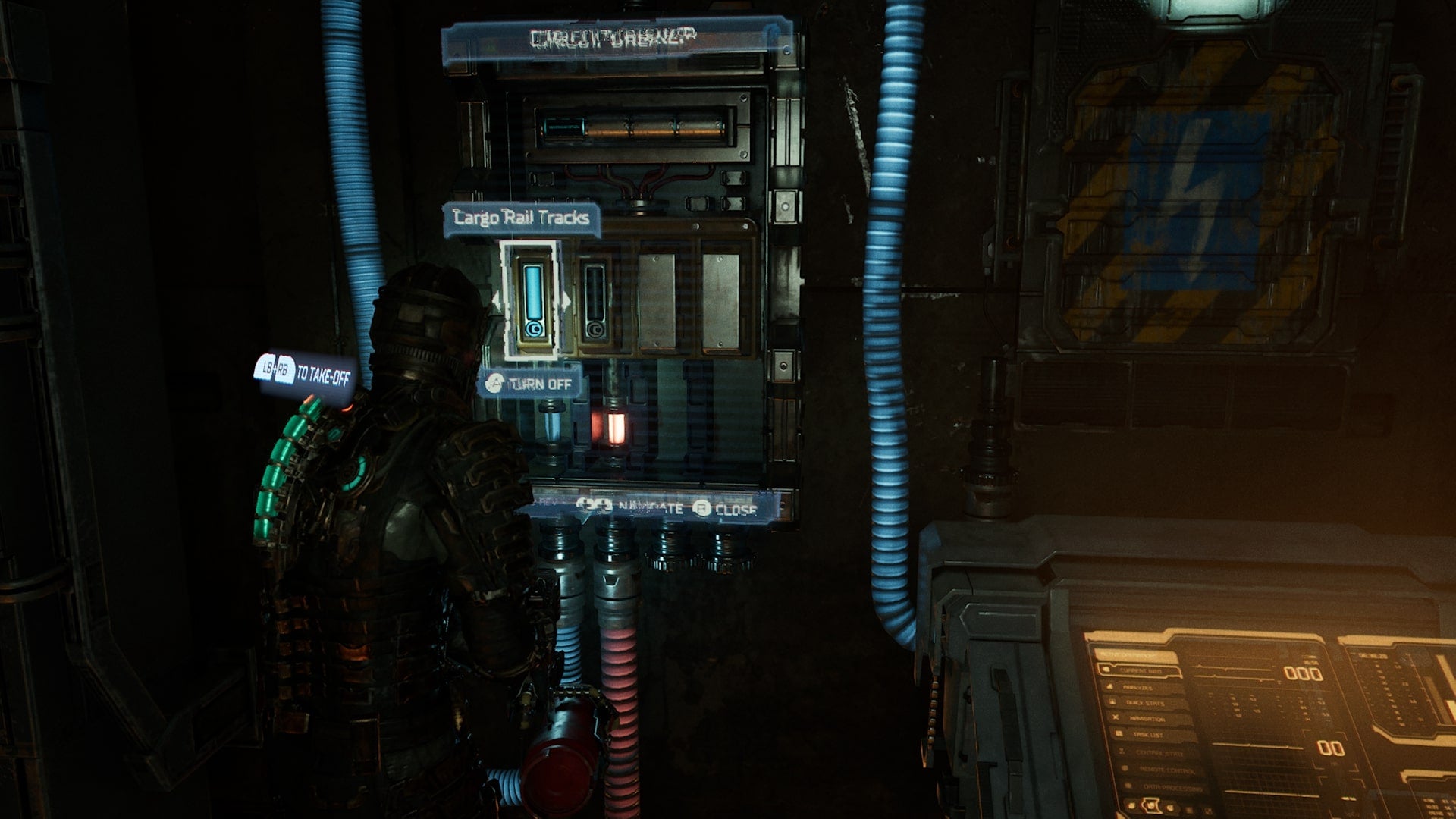 Isaac powers on the cargo tracks using a circuit breaker in Dead Space