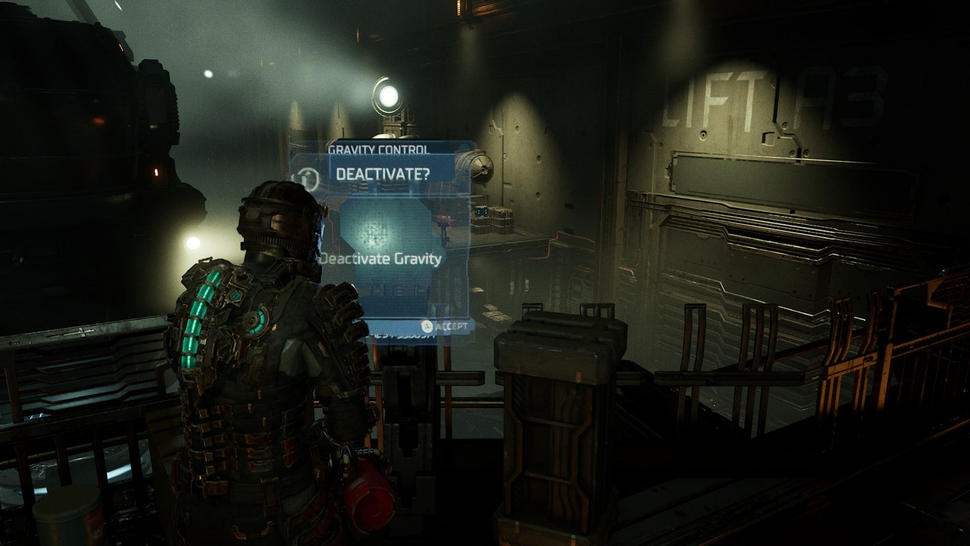 Isaac deactivates the gravity in the hangar bay in Dead Space