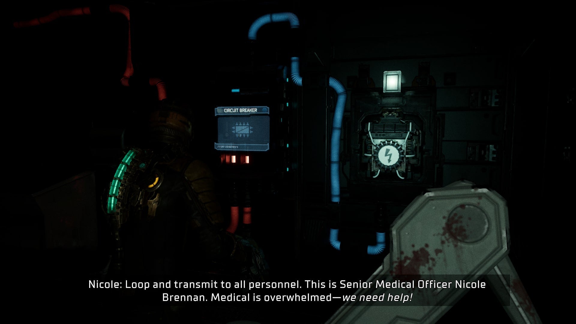Isaac faces a circuit breaker and exposed power cell in Dead Space