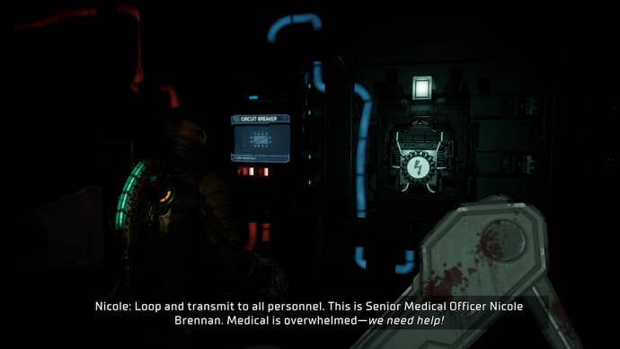 Isaac faces a circuit breaker and exposed power cell in Dead Space