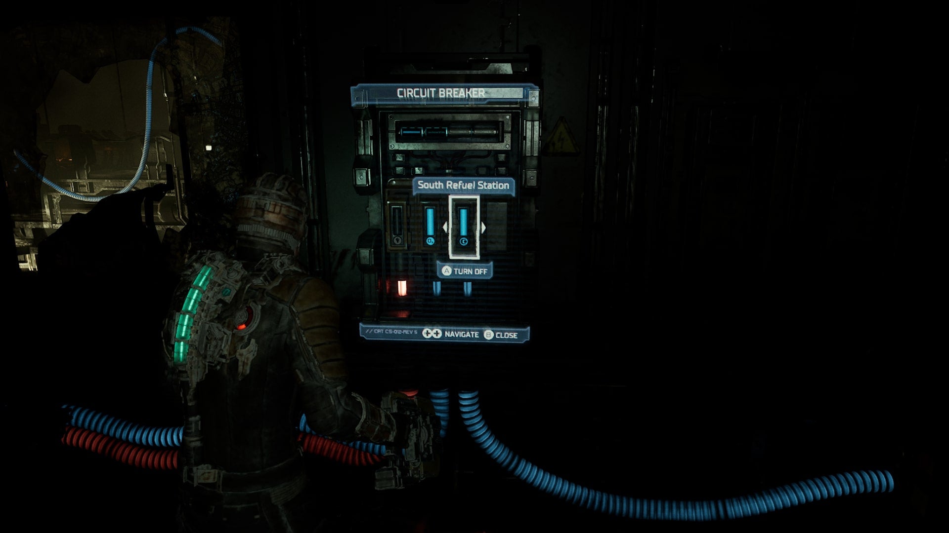 Isaac turns on the South Refuel Station using a circuit breaker in Dead Space - 4