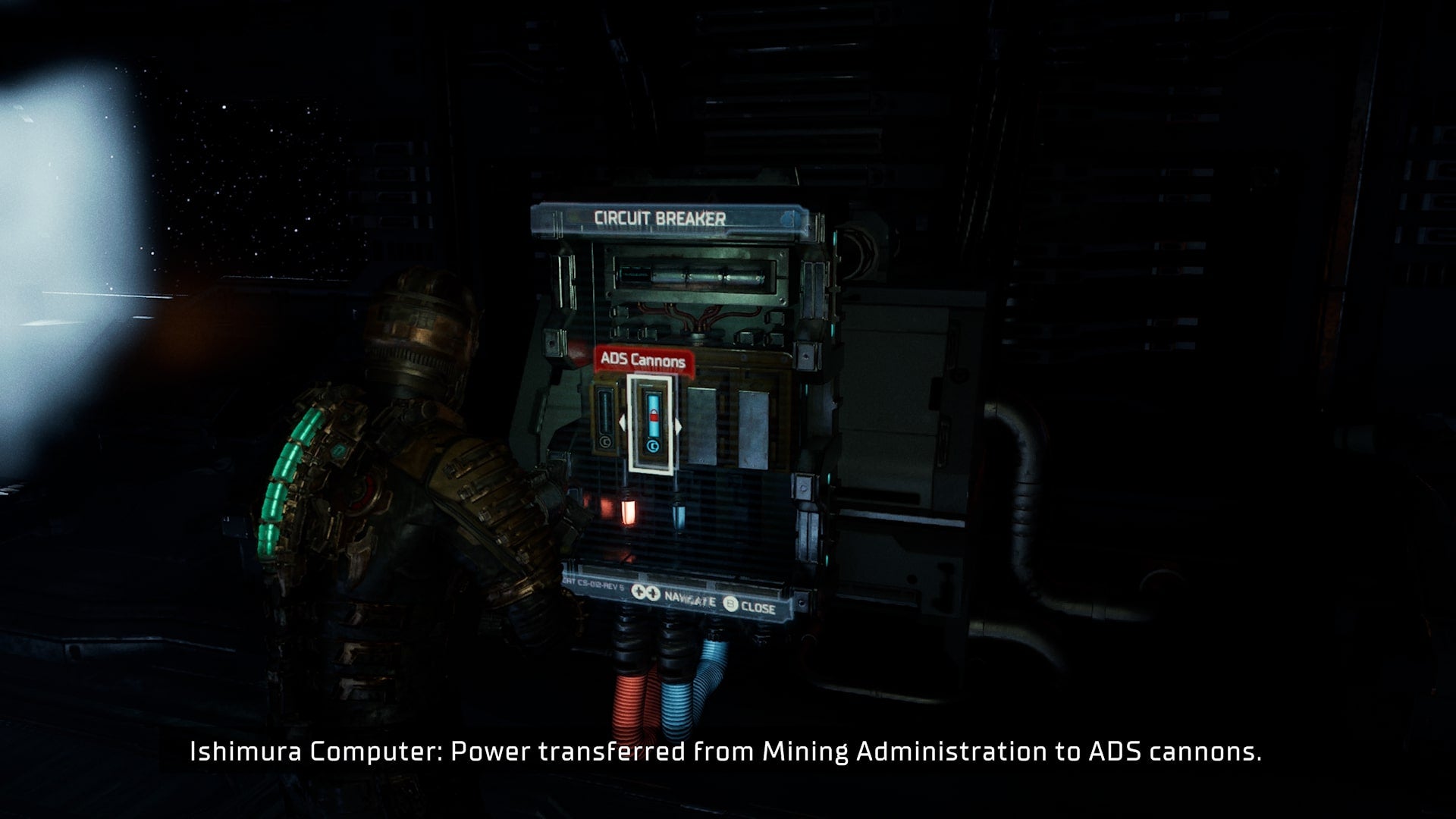 Isaac powers a set of ADS Cannons at a circuit breaker in Dead Space - 4