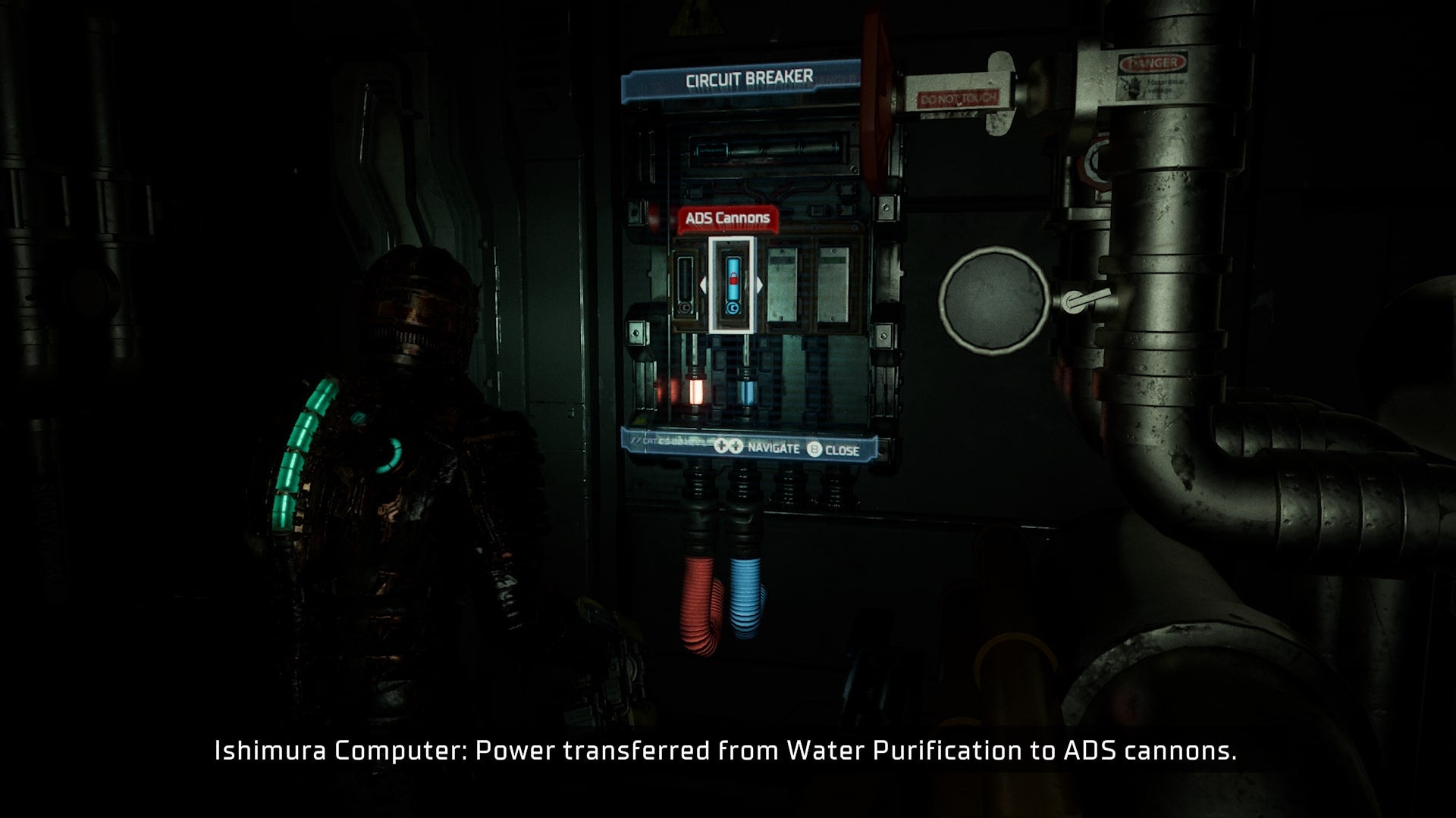 Isaac powers a set of ADS Cannons at a circuit breaker in Dead Space - 6