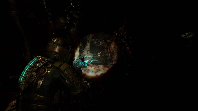 Isaac aims at a corrosive bulb in Dead Space