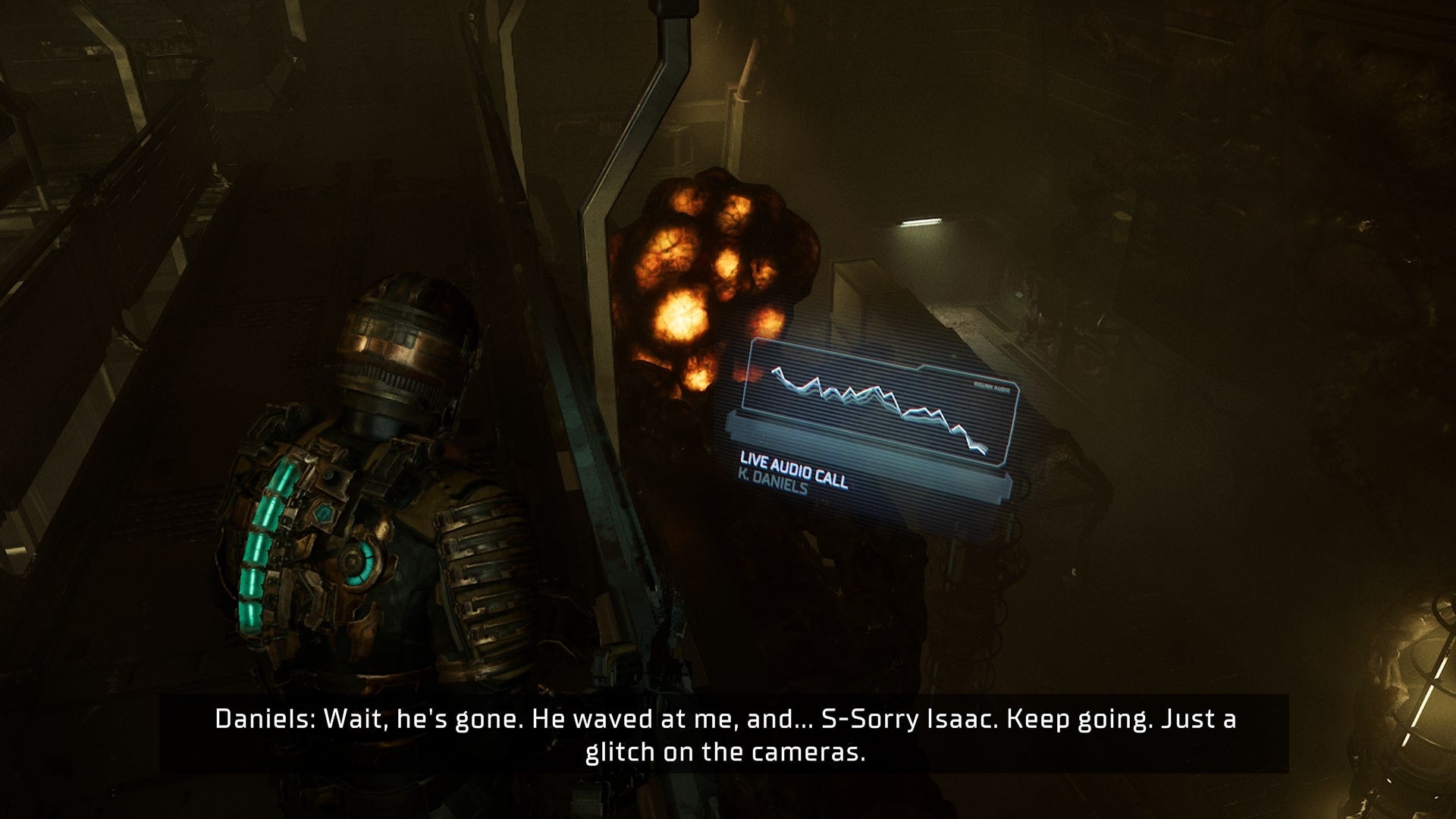 Isaac aims at a corrosive bulb in Dead Space