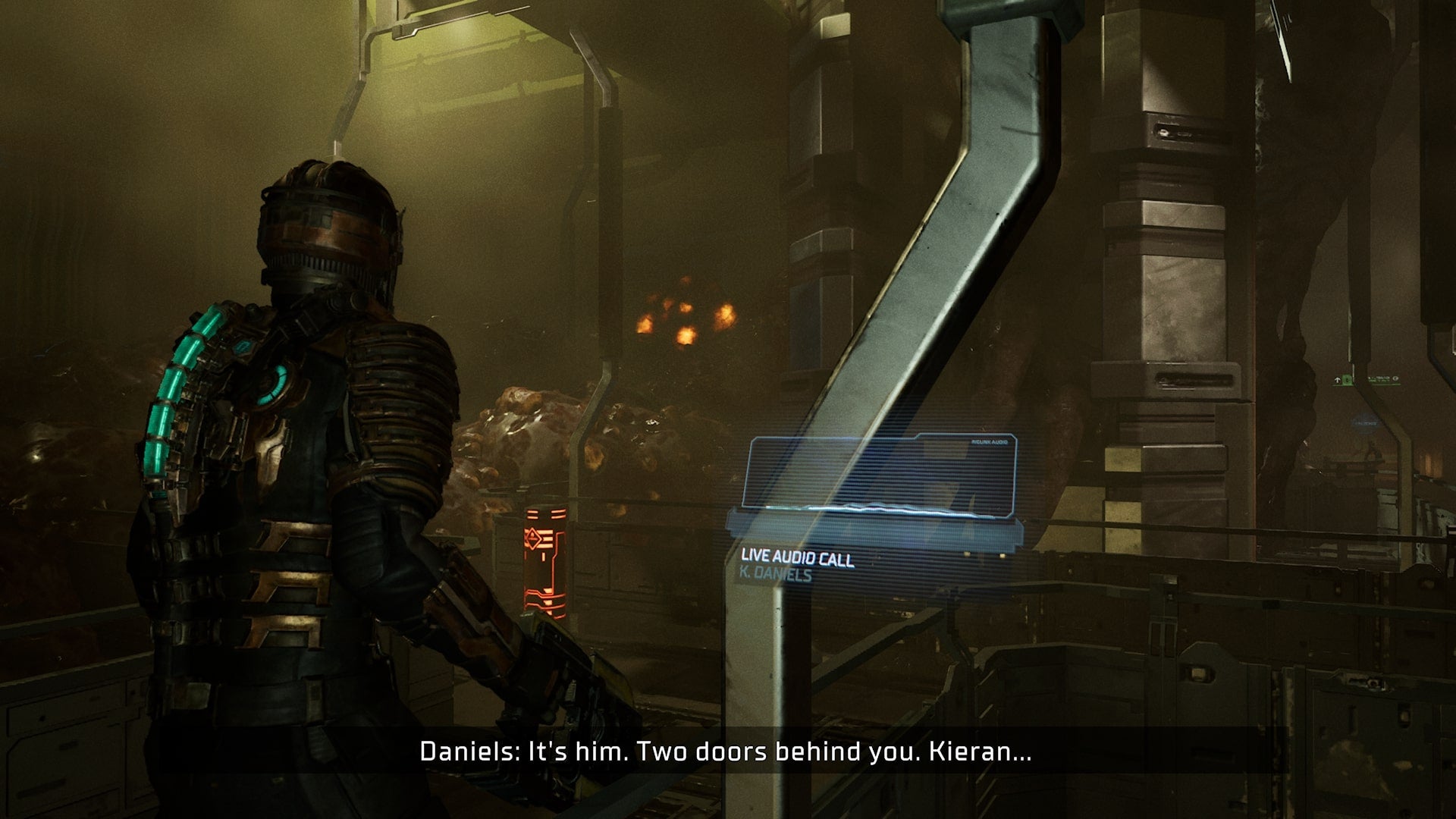 Isaac aims at a corrosive bulb in Dead Space