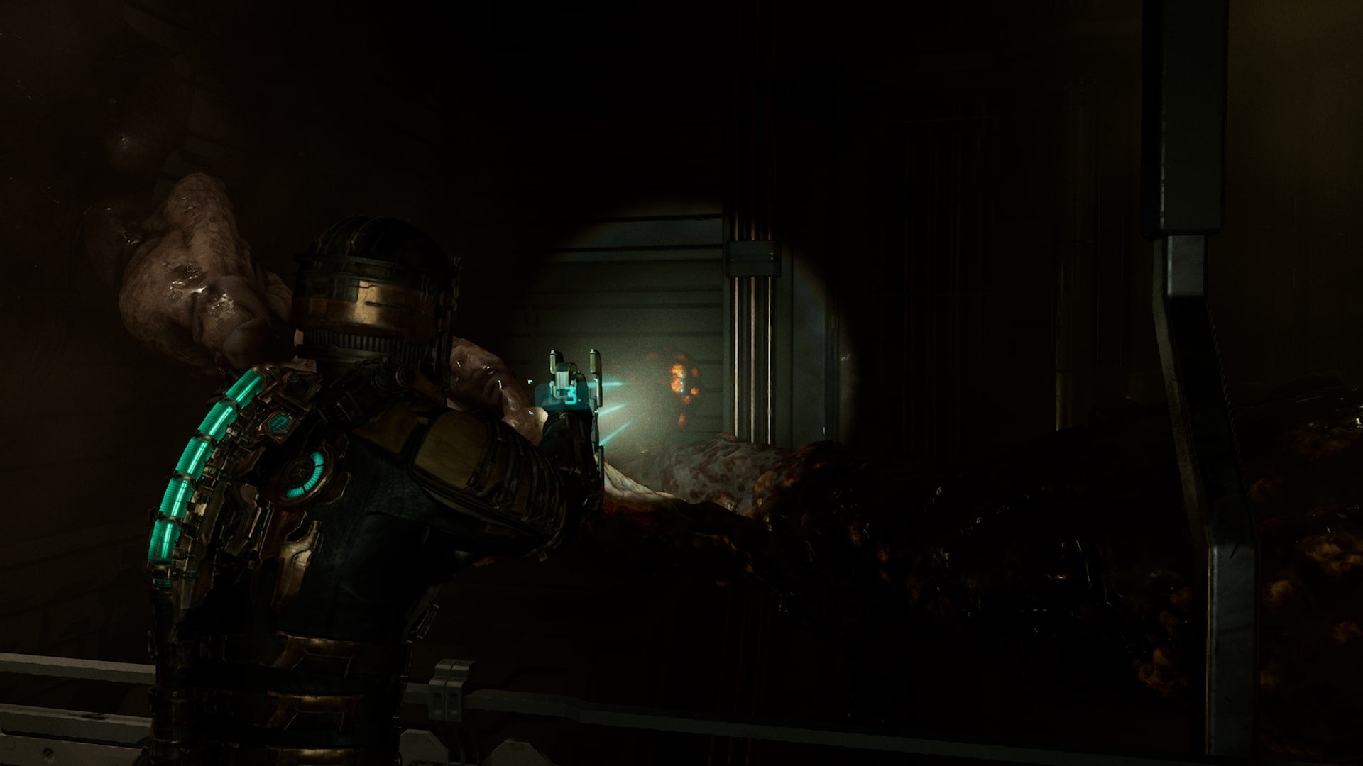 Isaac aims at a corrosive bulb in Dead Space