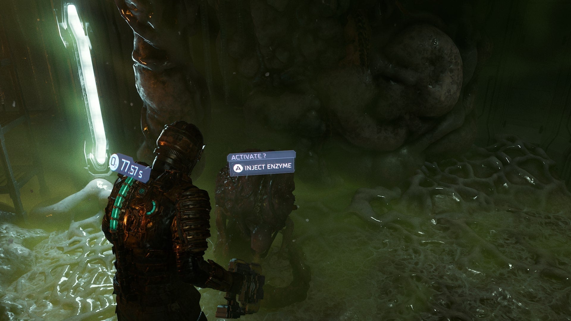 Isaac injects a Wheezer with an enzyme in Dead Space - 5