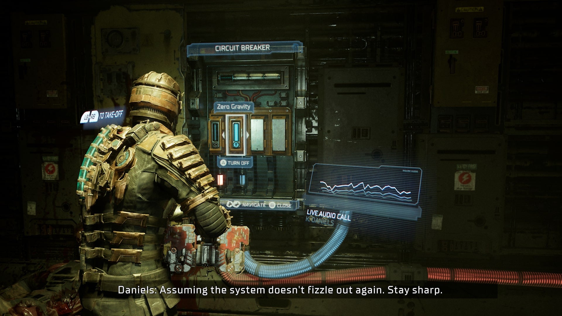 Isaac turns the gravity off via a circuit breaker in Dead Space