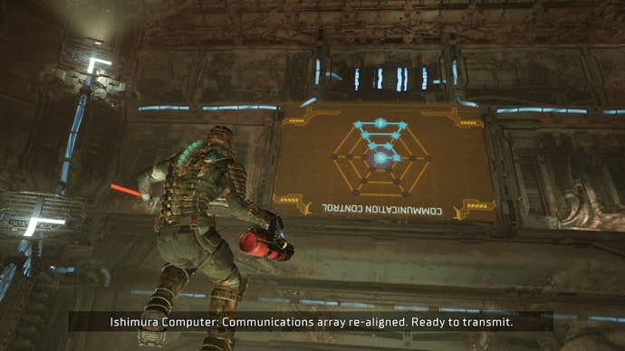 Isaac looks at the solution to the Comms Array dish puzzle in Dead Space