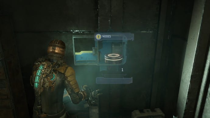 Dead Space image showing Isaac looking at a Power Node inside a container.