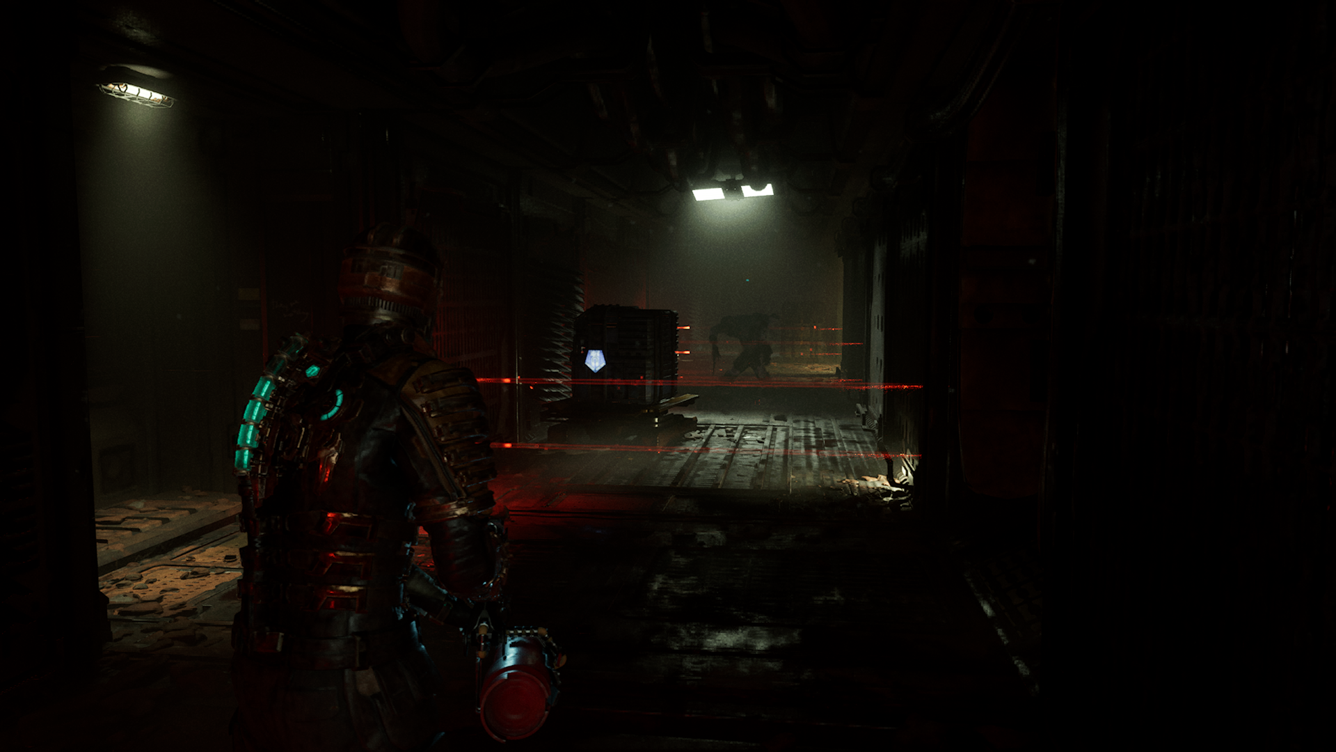 Isaac looks toward a Kinesis based puzzle involving lasers in Dead Space