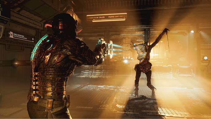 Dead Space representation showing Isaac firing a a Necromorph with the Plasma Cutter.